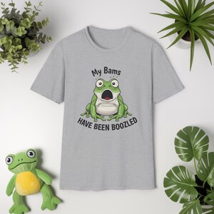 May include: A light grey t-shirt with a cartoon frog graphic and the text "My Bams Have Been Boozled". The frog is green with wide eyes and an open mouth. A plush frog toy is visible in the image.