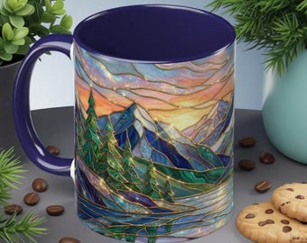 Stained Glass Mountain Mug, Sunset Mountain Landscape Coffee Cup, Nature Ceramic Mug With Forest And River, 11oz 15oz Gift
