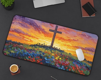 Van Gogh Style Cross Desk Mat: Christian Mouse Pad, Spiritual Decor