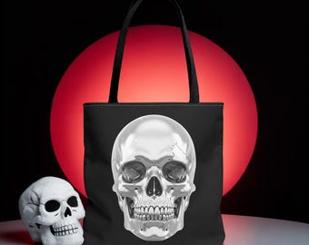 Bolsa de tela con calavera cromada, estilo gótico de Halloween, con diseño de calavera metálica, accesorio de temporada espeluznante, ideal como regalo para fanáticos del terror.