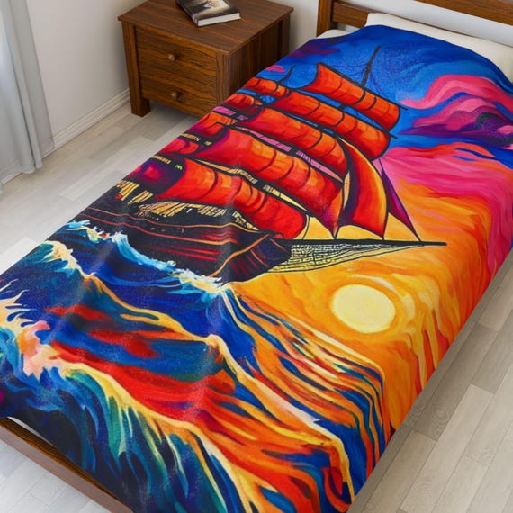 Plush Blanket - Sunset Ship Painting Design - Etsy Canada