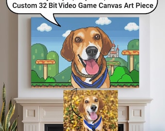 Custom Pixel Pet Canvas Art, 32 Bit Video Game Wall Art, Personalized Retro Pixel Portrait From Photo, Gamer Home Decor