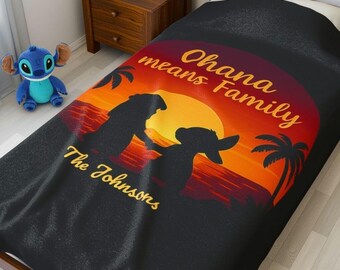 Custom Ohana Blanket - Personalized Family Throw, Stitch-Inspired Hawaiian Sunset Gift