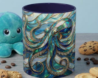 Glasmalerei-Kraken-Becher, Oktopus-Kaffeetasse, Ozean-Kunst-Becher, Nautische Dekor-Schale, Meeresgeschöpf-Becher, Kraken-Liebhaber-Geschenk