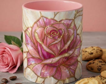Pink Rose Stained Glass Mug, Gold Floral Coffee Cup, Romantic Flower Tea Cup, Gardener Gift For Mom, Botanical Art, Wife Birthday Gift