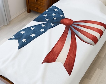 Patriotic USA Blanket: American Flag Bow Fleece Throw