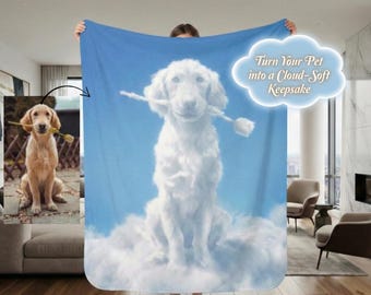 Custom Pet Blanket, Personalized Dog Or Cat Sherpa Fleece Blanket, Cloud Pet Portrait Throw, Memorial Or Gift