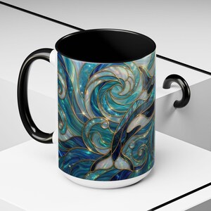 Orca Whale Coffee Mug, Ocean Art Mug, Stained Glass Whale Design, Marine Life Gift, Ceramic Coffee Cup, 11oz 15oz Waves Mug, Coastal Decor image 11