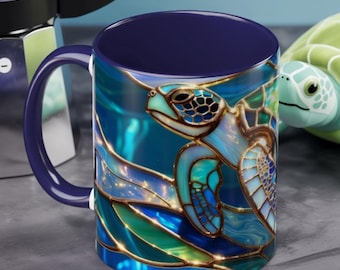 Glasmalerei-Meeresschildkrötenbecher, Meeresschildkröten-Kaffeetasse, Küstenstrandbecher Geschenk, Meeresleben-Kunsttasse, Meeres-Liebhaber-Geschenk, Ozean-Wildtier-Becher