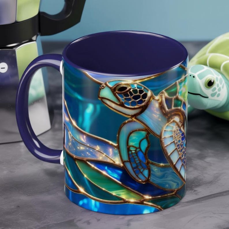 Stained Glass Sea Turtle Mug, Ocean Turtle Coffee Cup, Coastal Beach Mug Gift, Marine Life Art Cup, Sea Lover Gift, Ocean Wildlife Mug image 1