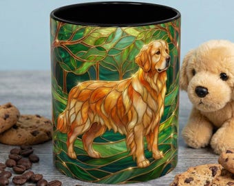 Stained Glass Golden Retriever Mug, Dog Lover Coffee Cup, Forest Dog Art Ceramic Mug, Pet Lover Gift, 11oz 15oz