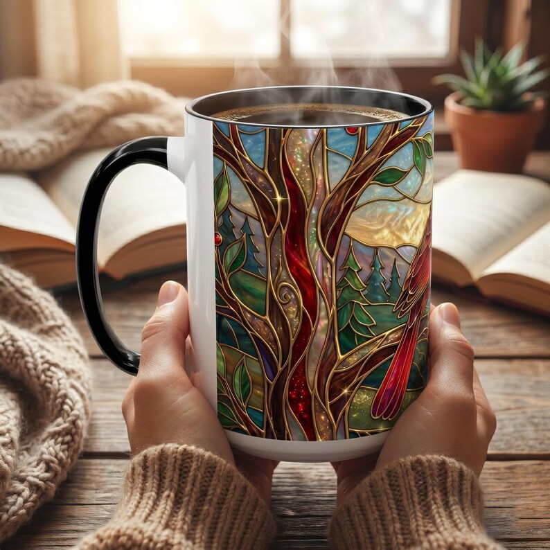 Stained Glass Cardinal Mug, Red Bird Coffee Cup, Memorial Gift For Loss, Nature Lover Present, Faux Stained Glass Art, Bird Watcher Mug image 10