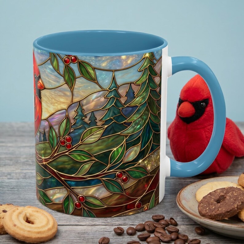 Stained Glass Cardinal Mug, Red Bird Coffee Cup, Memorial Gift For Loss, Nature Lover Present, Faux Stained Glass Art, Bird Watcher Mug image 5