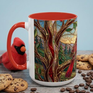 Stained Glass Cardinal Mug, Red Bird Coffee Cup, Memorial Gift For Loss, Nature Lover Present, Faux Stained Glass Art, Bird Watcher Mug image 3
