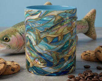 Tazza con pesce in vetro colorato, tazza da caffè con pesca, tazza artistica con trota, tazza regalo con pescatore, tazza con natura selvaggia, tazza regalo con pescatore