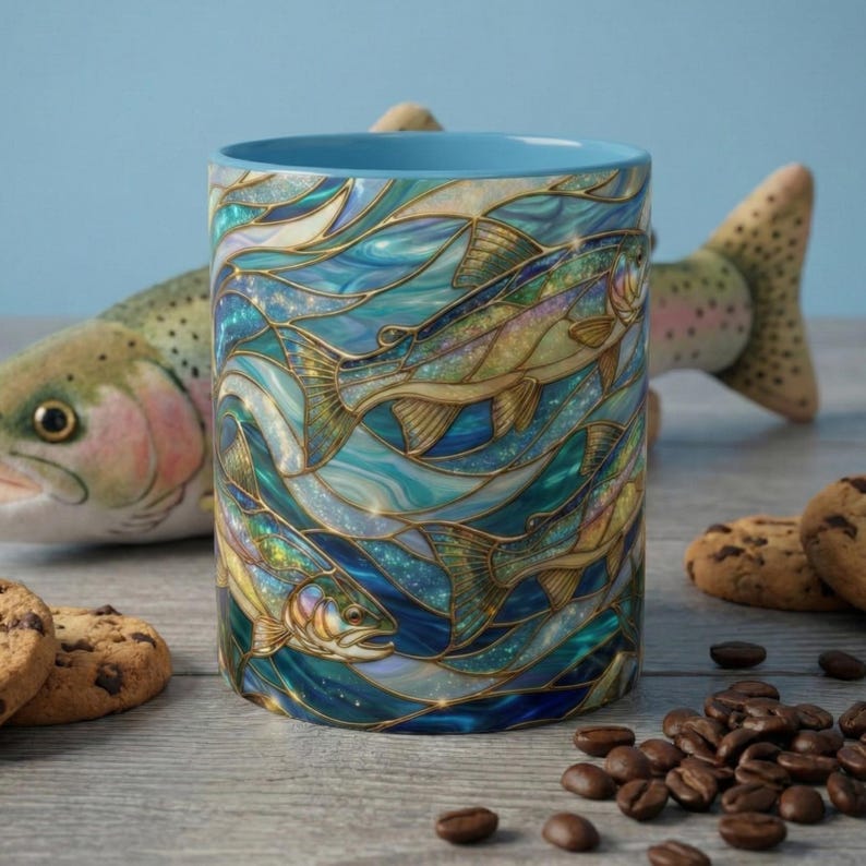 Fish Stack Mug Stained Glass Fish Mug, Fishing Coffee Mug, Trout Art Mug, Fisherman ...