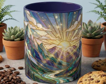 Mountain Art Mug, Scenic Mountain Coffee Cup, Nature Lover Ceramic Mug, Stained Glass Style Landscape, 11oz 15oz Gift, Unique Coffee Tea Cup