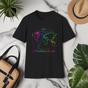 Adventure Awaits Neon Y2K Travel Shirt - Rainbow World Map Tee, Retro Aesthetic Globe T-Shirt, Wanderlust Gift for Travelers