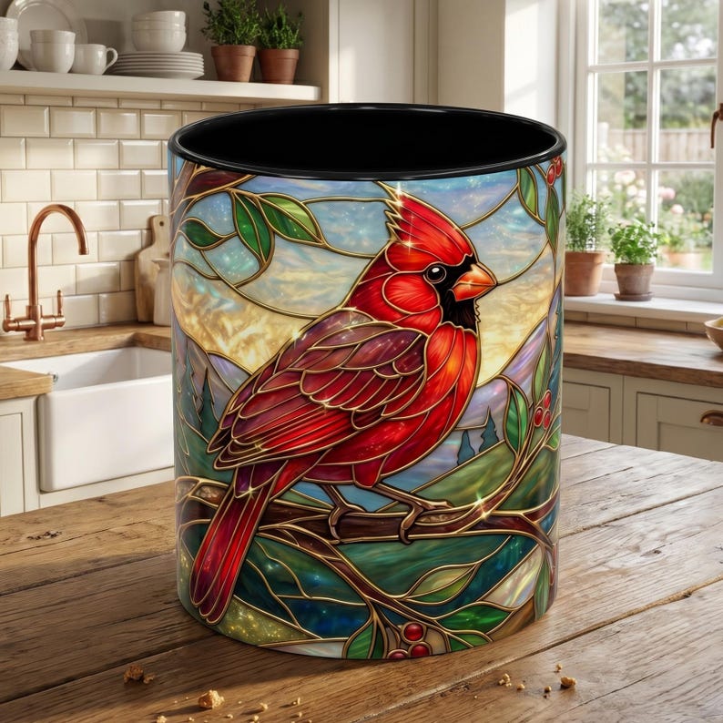 Stained Glass Cardinal Mug, Red Bird Coffee Cup, Memorial Gift For Loss, Nature Lover Present, Faux Stained Glass Art, Bird Watcher Mug image 12