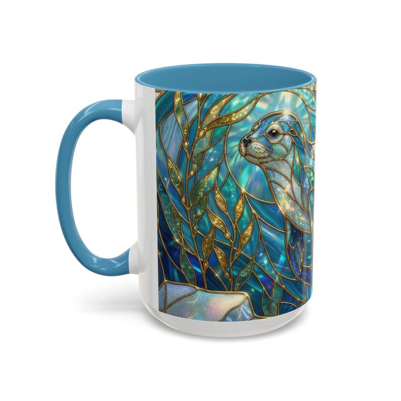 Seal Coffee Mug, Stained Glass Seal Mug, Cute Marine Animal Art Mug, Ocean Lover Gift, Unique Ceramic Coffee Cup, 11oz 15oz Coastal Mug image 7