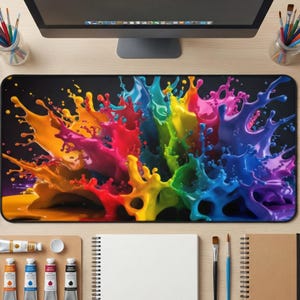 Colorful Paint Splash Desk Mat, Rainbow Gaming Mouse Pad, Abstract Art Office Decor, Vibrant Ink Laptop Mat, Creative Artist Workspace Gift