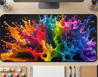 Colorful Paint Splash Desk Mat, Rainbow Gaming Mouse Pad, Abstract Art Office Decor, Vibrant Ink Laptop Mat, Creative Artist Workspace Gift