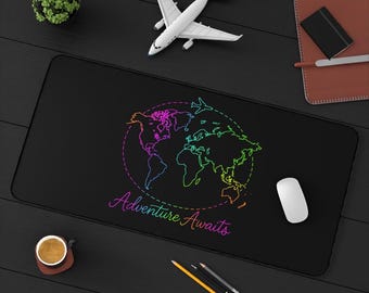 Adventure Awaits Neon Desk Mat - Y2K Rainbow World Map and Airplane XL Mouse Pad for Travel Aesthetic Office, Gaming & Study Desk