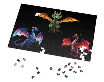 May include: A jigsaw puzzle featuring three colorful dragons on a black background. The dragons are a blue dragon with purple and pink wings, a green dragon with orange wings, and a red dragon with red wings. Several puzzle pieces are scattered around.