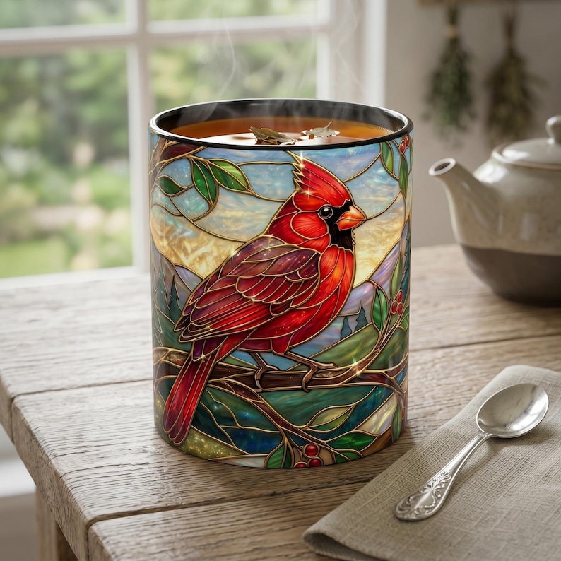 Stained Glass Cardinal Mug, Red Bird Coffee Cup, Memorial Gift For Loss, Nature Lover Present, Faux Stained Glass Art, Bird Watcher Mug image 14