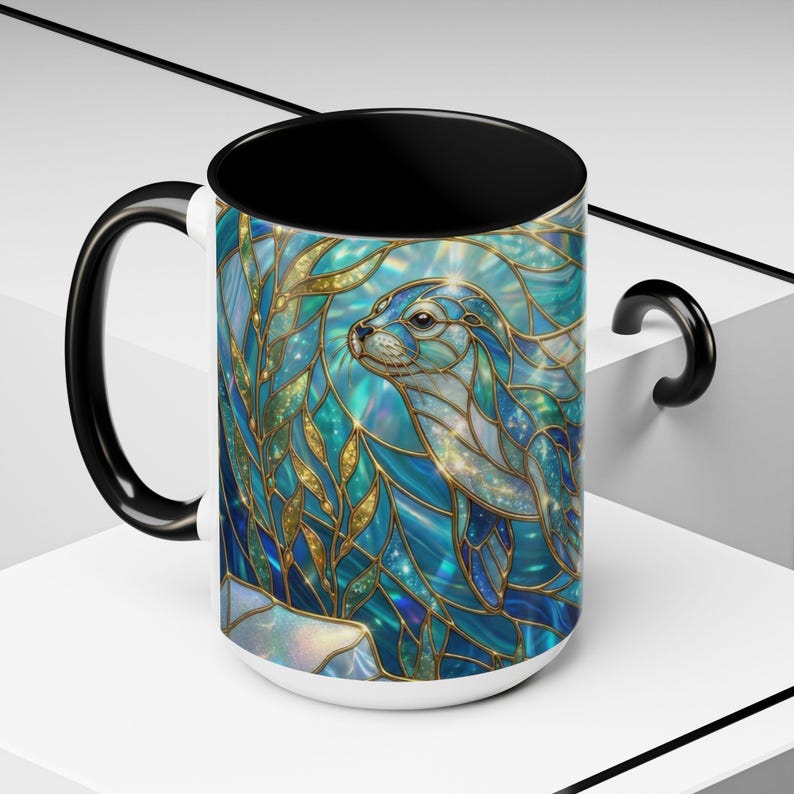 Seal Coffee Mug, Stained Glass Seal Mug, Cute Marine Animal Art Mug, Ocean Lover Gift, Unique Ceramic Coffee Cup, 11oz 15oz Coastal Mug image 11
