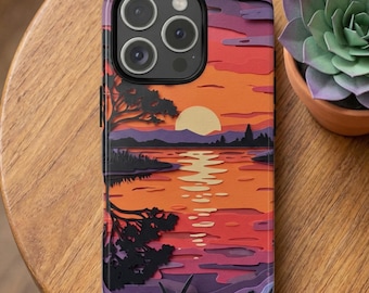 Papercut Sunset Phone Case, 3D Layered Landscape Cover, Boho Nature Lake Design, Orange Purple Scenery Art, iPhone 17 Pro Galaxy S26