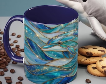Stained Glass Dolphin Mug, Dolphin Coffee Cup, Ocean Art Mug, Sea Life Gift, Nautical Decor Mug, Coastal Dolphin Lover Gift