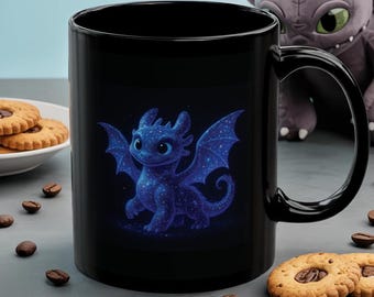 Schattige draak koffiemok, babydraak mok, Galaxy Dragon Art mok, Fantasy koffiekopje, kawaii draak cadeau, 11oz 15oz zwarte mok