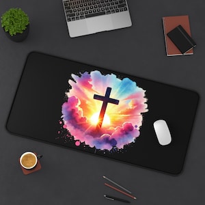 Inspirational Watercolor Christian Desk Mat, Easter Mouse Pad, Faith Decor, Religious Desk Mat, Cross Mouse Pad Desk Mat