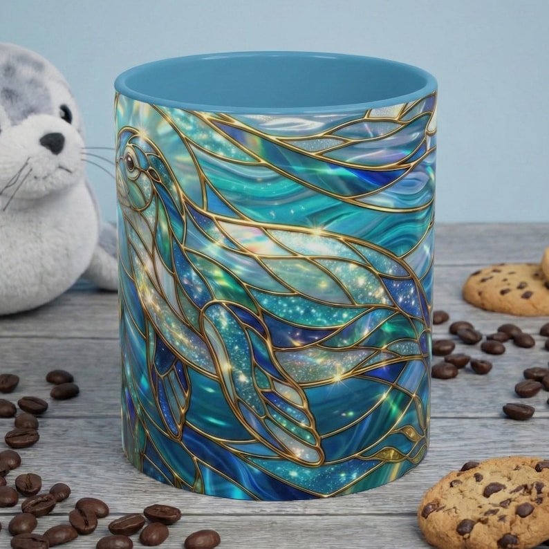 Seal Coffee Mug, Stained Glass Seal Mug, Cute Marine Animal Art Mug, Ocean Lover Gift, Unique Ceramic Coffee Cup, 11oz 15oz Coastal Mug image 4
