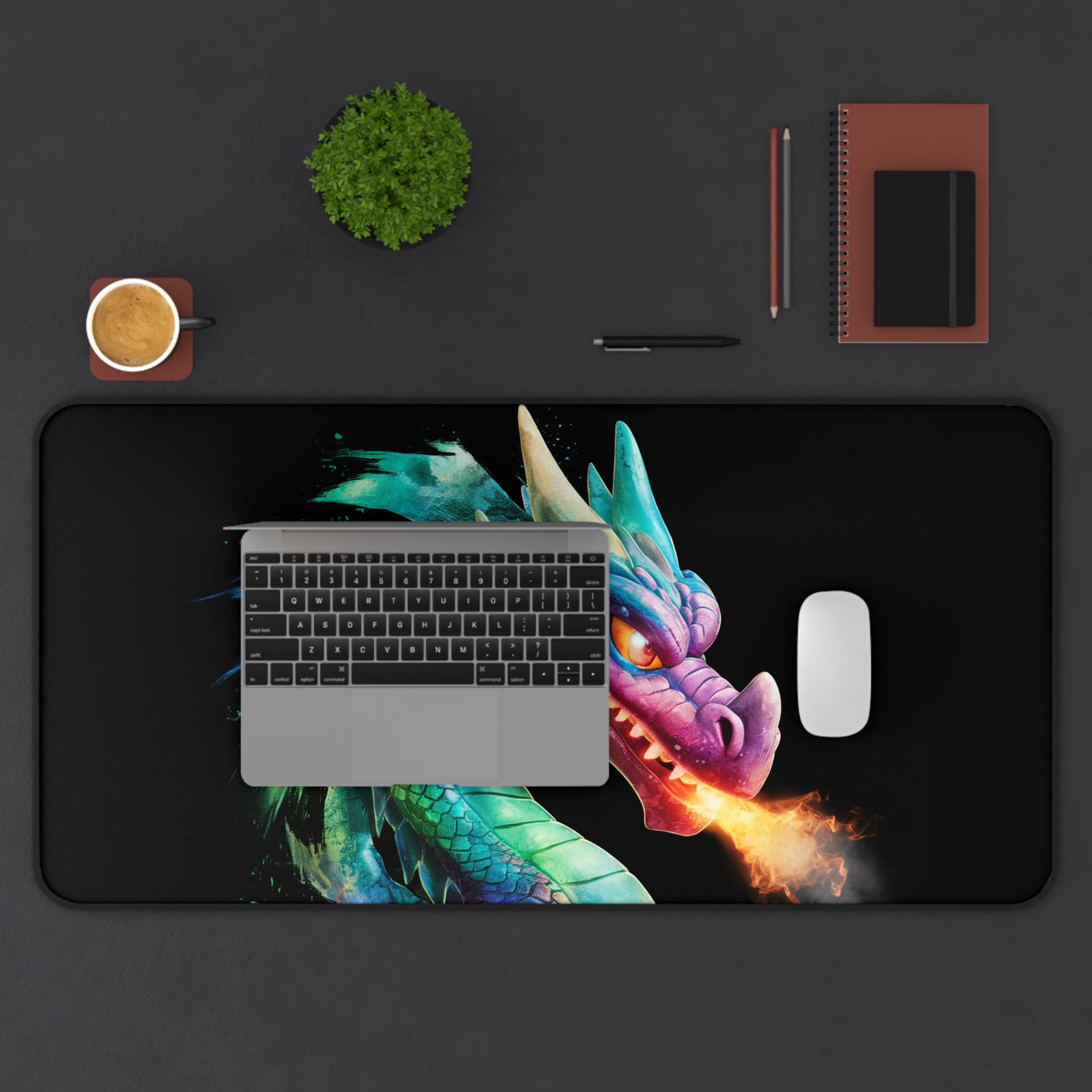 ファンタジードラゴンデスクマット：カラフルな火を吐くゲーミング