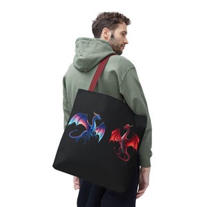Double-Sided Fantasy Dragon Tote Bag - Cute Green & Blue-Red Dragons, Eco Canvas Book Lover Gift, Reusable Shopping Tote