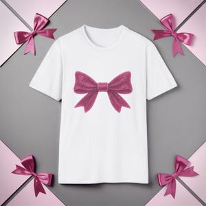 Feminine Pink Bow Graphic Tee | Coquette Bow T-Shirt | Sparkly Ribbon Shirt for Soft Girl Aesthetic | Gift for Her