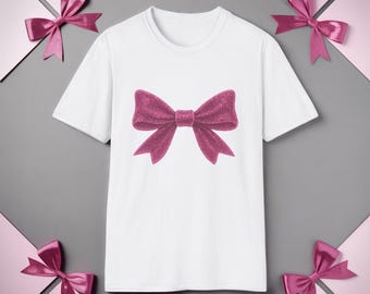 ピンクのリボンTシャツ：キラキラ輝くフェミニンなトップス、カジュアルスタイル