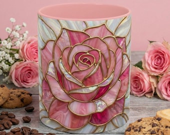 Stained Glass Rose Mug, Pink Floral Coffee Cup, Botanical Tea Mug, Romantic Fairycore Gift, Cottagecore Drinkware, Flower Lover Gift