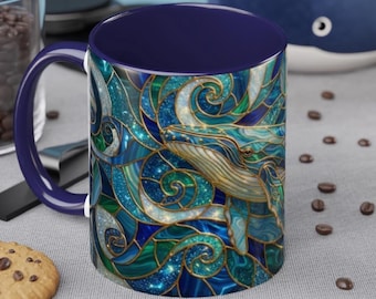 Buntglas-Walbecher, Ocean Art-Kaffeetasse, blaues Sea Life Design, nautisches Geschenk für Ozean-Liebhaber, bunte Glasmalerei-Walschale