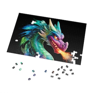 Quebra-cabeça de dragão cuspidor de fogo colorido - 252, 500, 1000, 2000 peças - Presente de fantasia para adultos, crianças, jogadores e amantes da arte