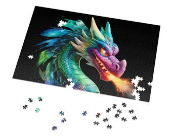 May include: A colorful jigsaw puzzle featuring a detailed illustration of a dragon breathing fire. The dragon has a purple snout, orange eyes, and a green and blue body. Some puzzle pieces are separate.