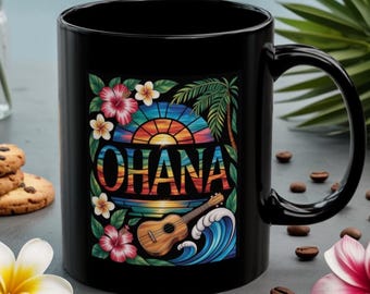 Ohana Mug Hawaiian Coffee Cup Tropical Sunset, Hibiscus Flowers, Ukulele, Aloha Gift