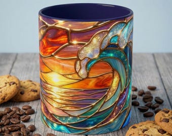 Stained Glass Wave Mug, Cosmic Ocean Coffee Cup, Celestial Sunrise Tea Mug, Surfer Beach Decor Gift, Starry Sea Art, Ocean Lover Cup