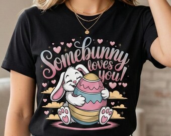 Camiseta linda de conejo de Pascua, camiseta "Somebunny Loves You", camiseta de primavera pastel, atuendo de Pascua para mujer, top de conejo kawaii, regalo de Pascua para maestras