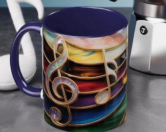 Stained Glass Music Notes Mug - Colorful Music Lover Gift - Teacher Mug - Treble Clef Cup - Musician Gift Idea - 11oz & 15oz Ceramic Mug
