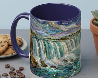 Faux Stained Glass Niagara Falls Mug, Waterfall Coffee Cup, Canada Souvenir Gift, Upstate New York Travel Memento, Nature Lover Tea Cup