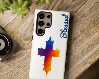 Personalized Samsung Phone Case: Watercolor Cross, Blessed Faith Gift