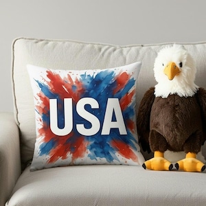 USA Watercolor Throw Pillow - Patriotic Red White and Blue Decor, Double-Sided Cushion, 4th of July Accent, Cover and Insert Included